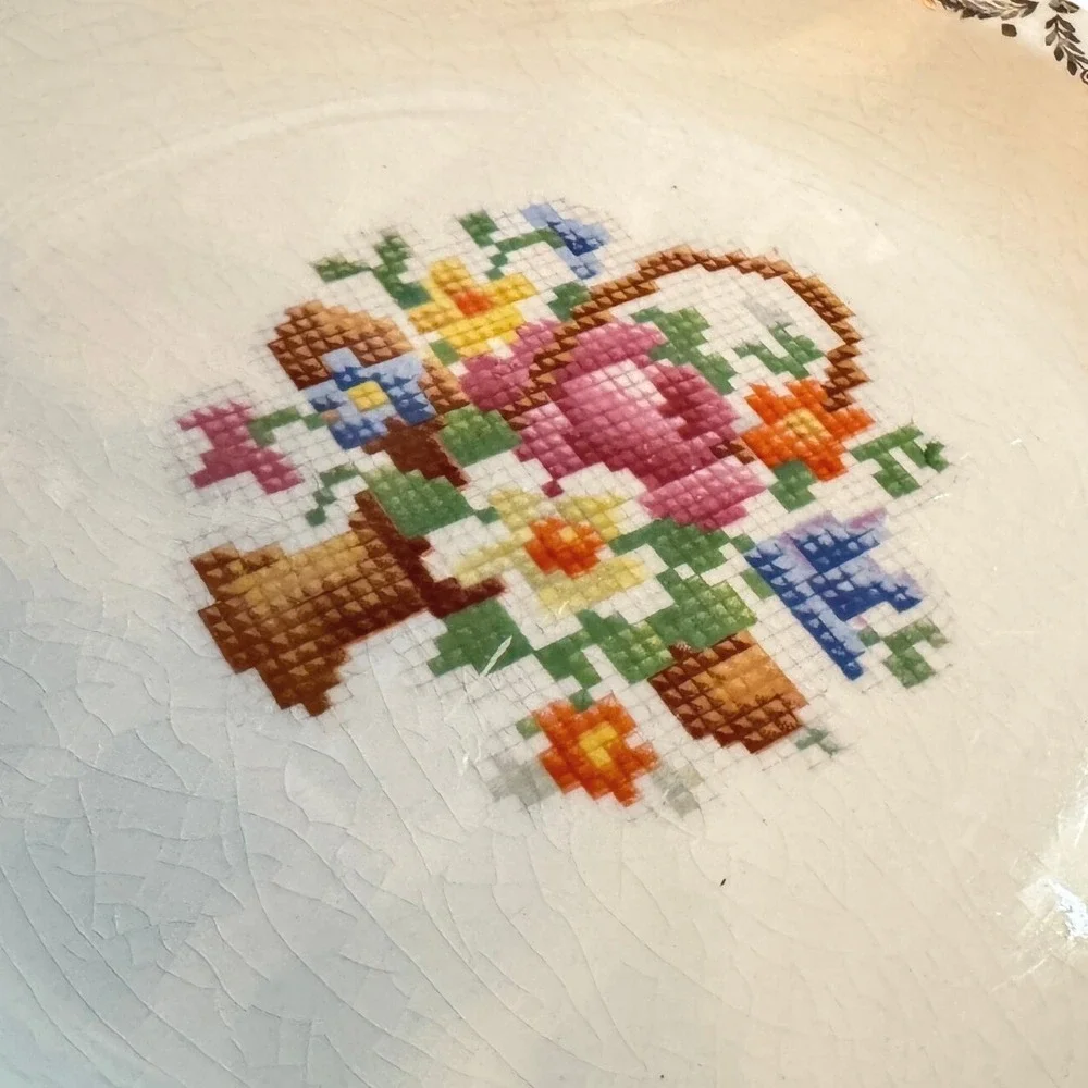 Vintage Century by Salem Cross Stitch Floral‎ Plate 22K Gold Filigree Handles 8